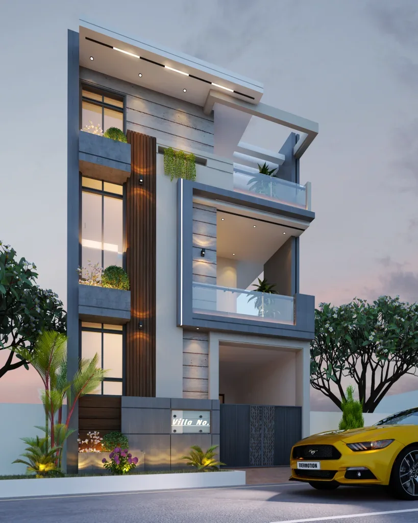 Modern residential façade with planted balconies